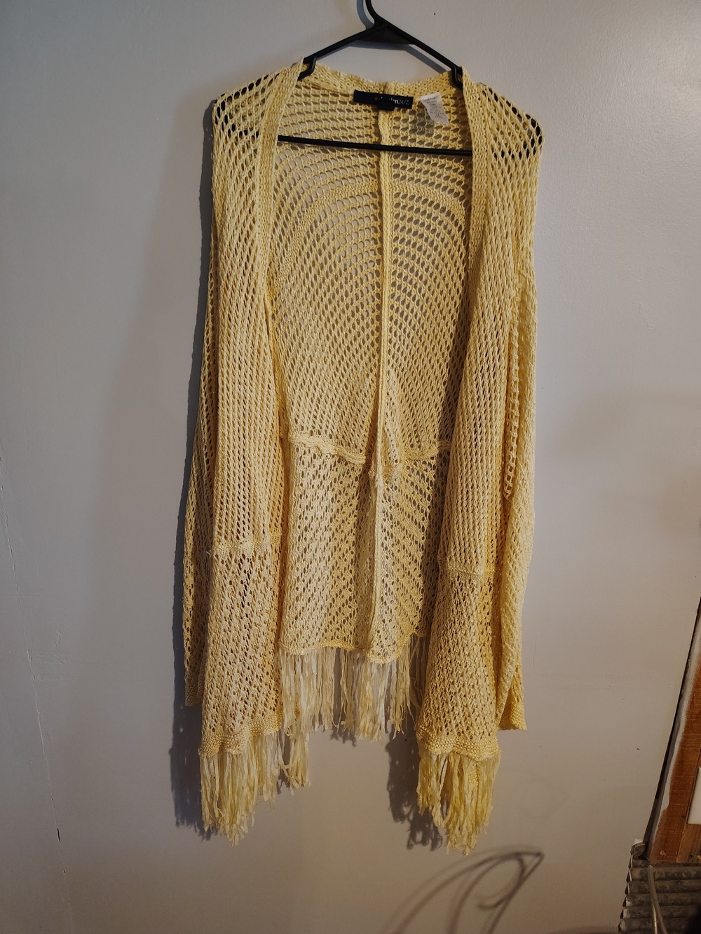 Denim 24/7 Pale Yellow Open-Knit Fringe Cardigan